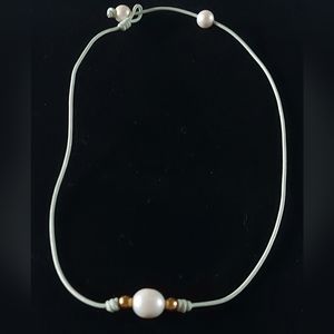 New Handmade White Pearl & Mint Green Leather Necklace